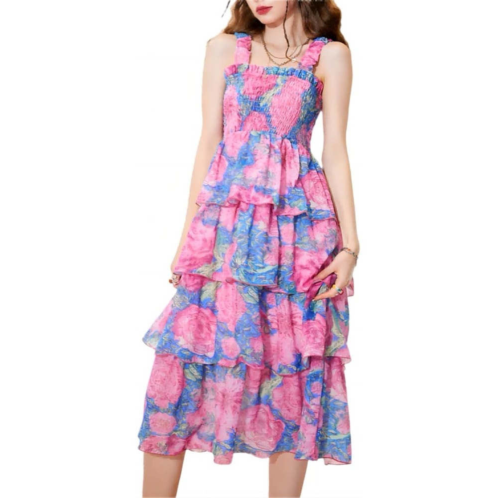 Floral Pink and Blue Midi Dress